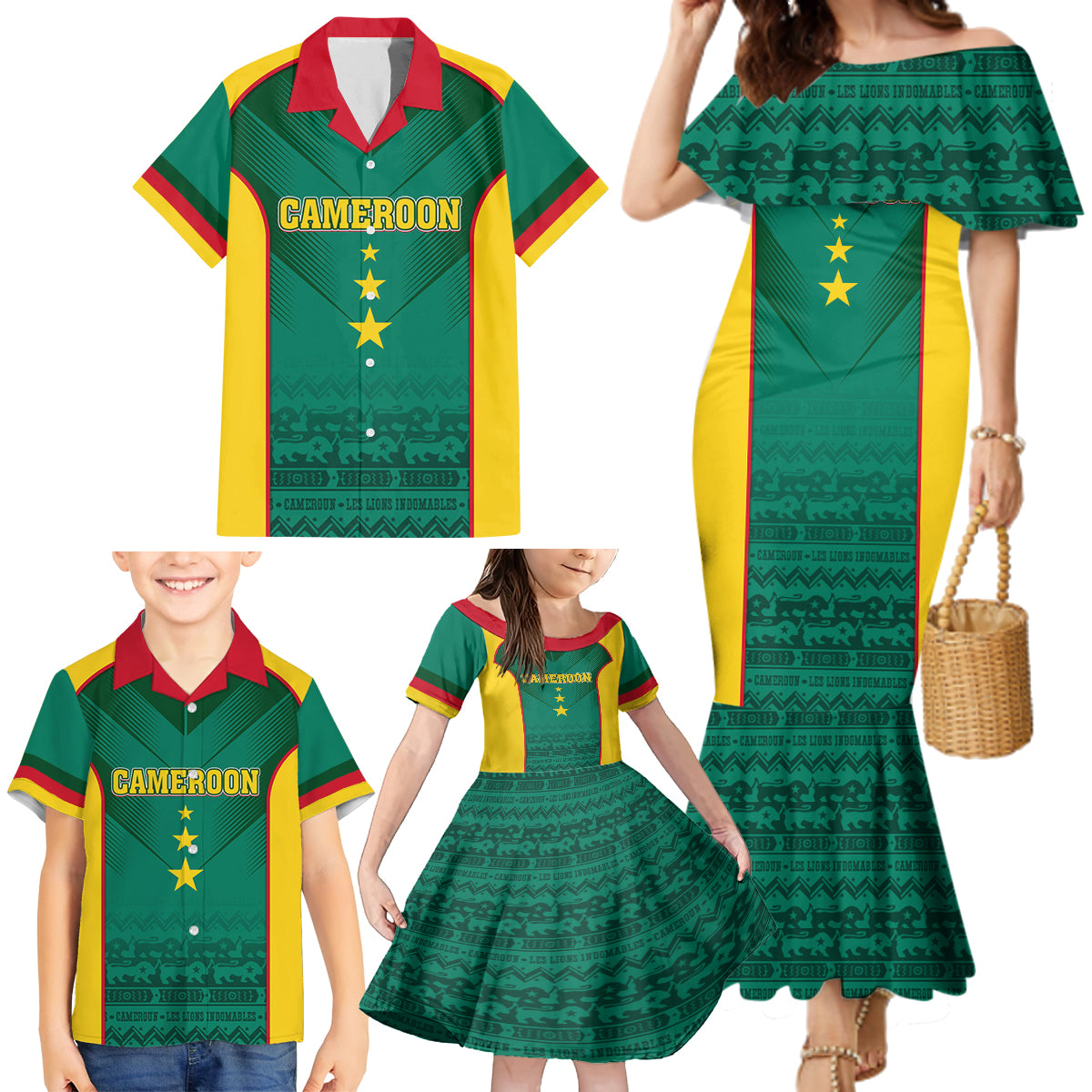 Custom Cameroon Football Family Matching Mermaid Dress and Hawaiian Shirt Nations Cup 2024 Les Lions Indomptables LT7 - Wonder Print Shop