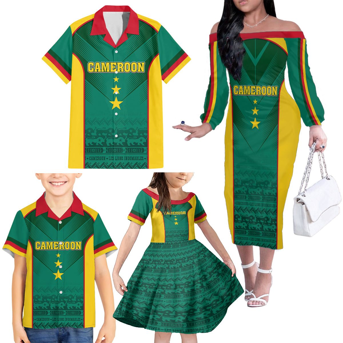 Custom Cameroon Football Family Matching Off Shoulder Long Sleeve Dress and Hawaiian Shirt Nations Cup 2024 Les Lions Indomptables
