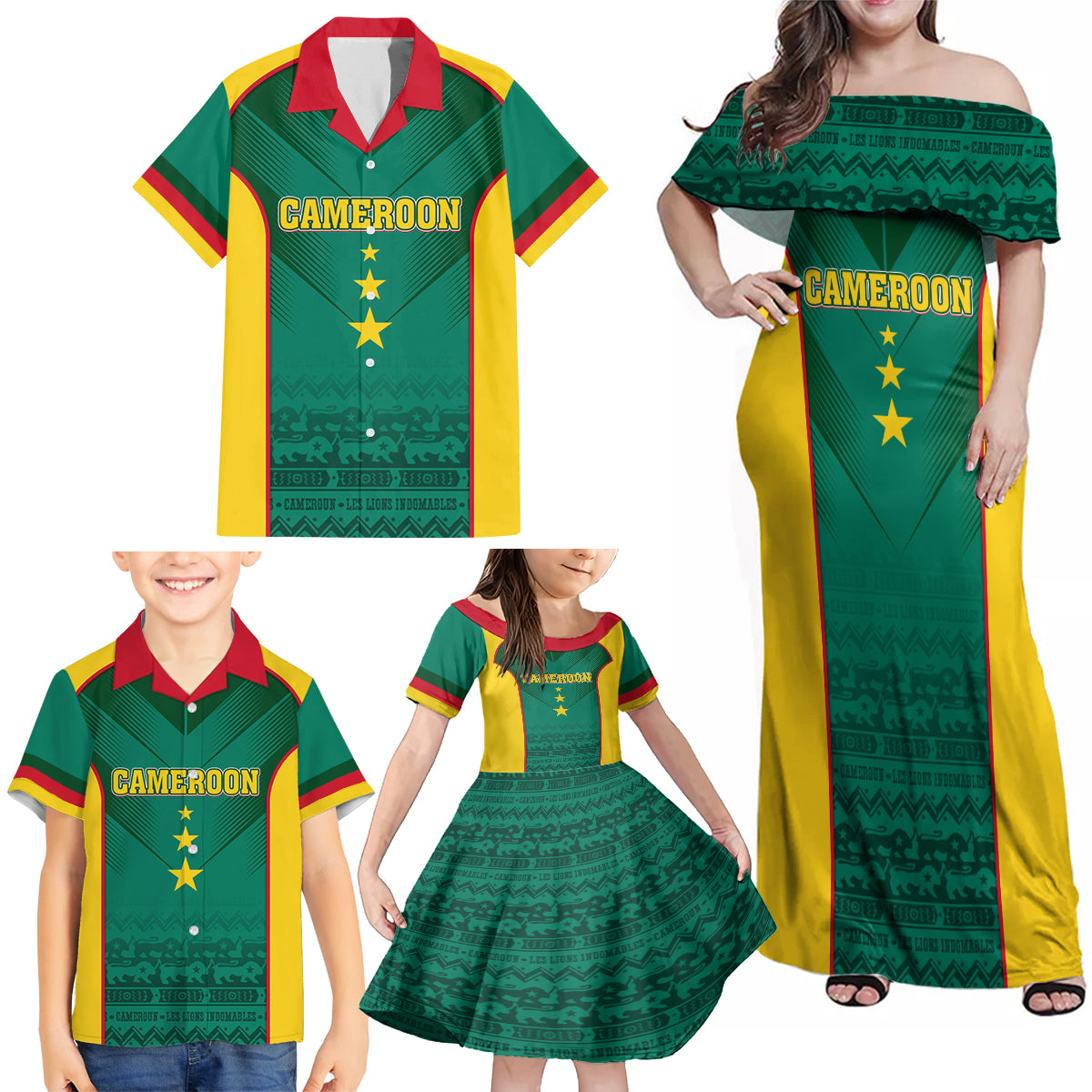 Custom Cameroon Football Family Matching Off Shoulder Maxi Dress and Hawaiian Shirt Nations Cup 2024 Les Lions Indomptables