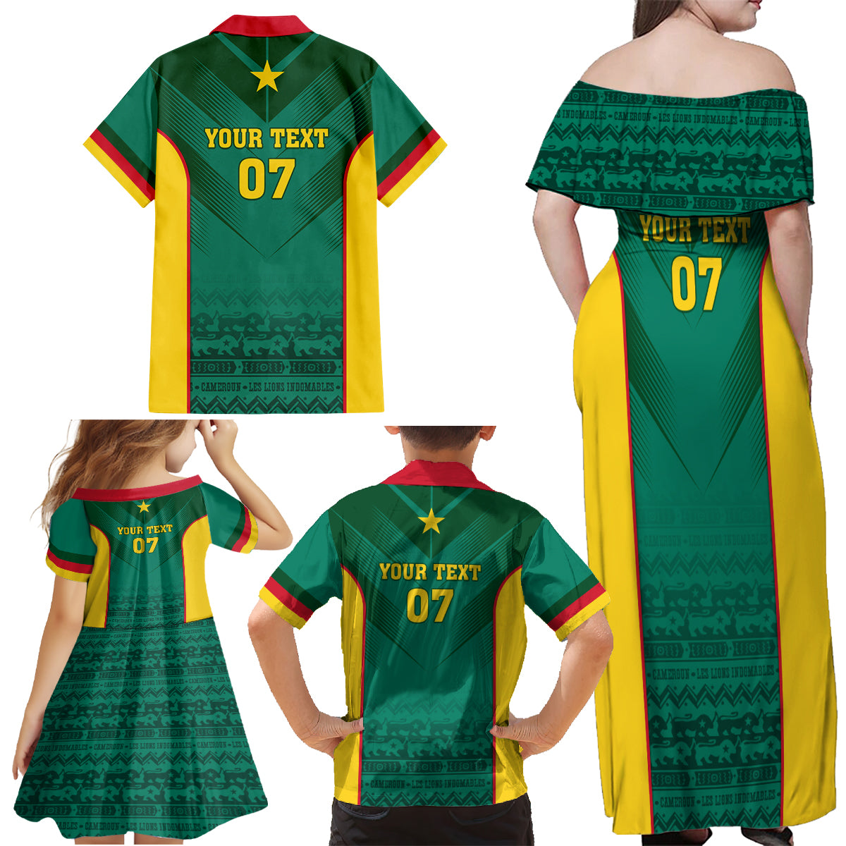 Custom Cameroon Football Family Matching Off Shoulder Maxi Dress and Hawaiian Shirt Nations Cup 2024 Les Lions Indomptables LT7 - Wonder Print Shop