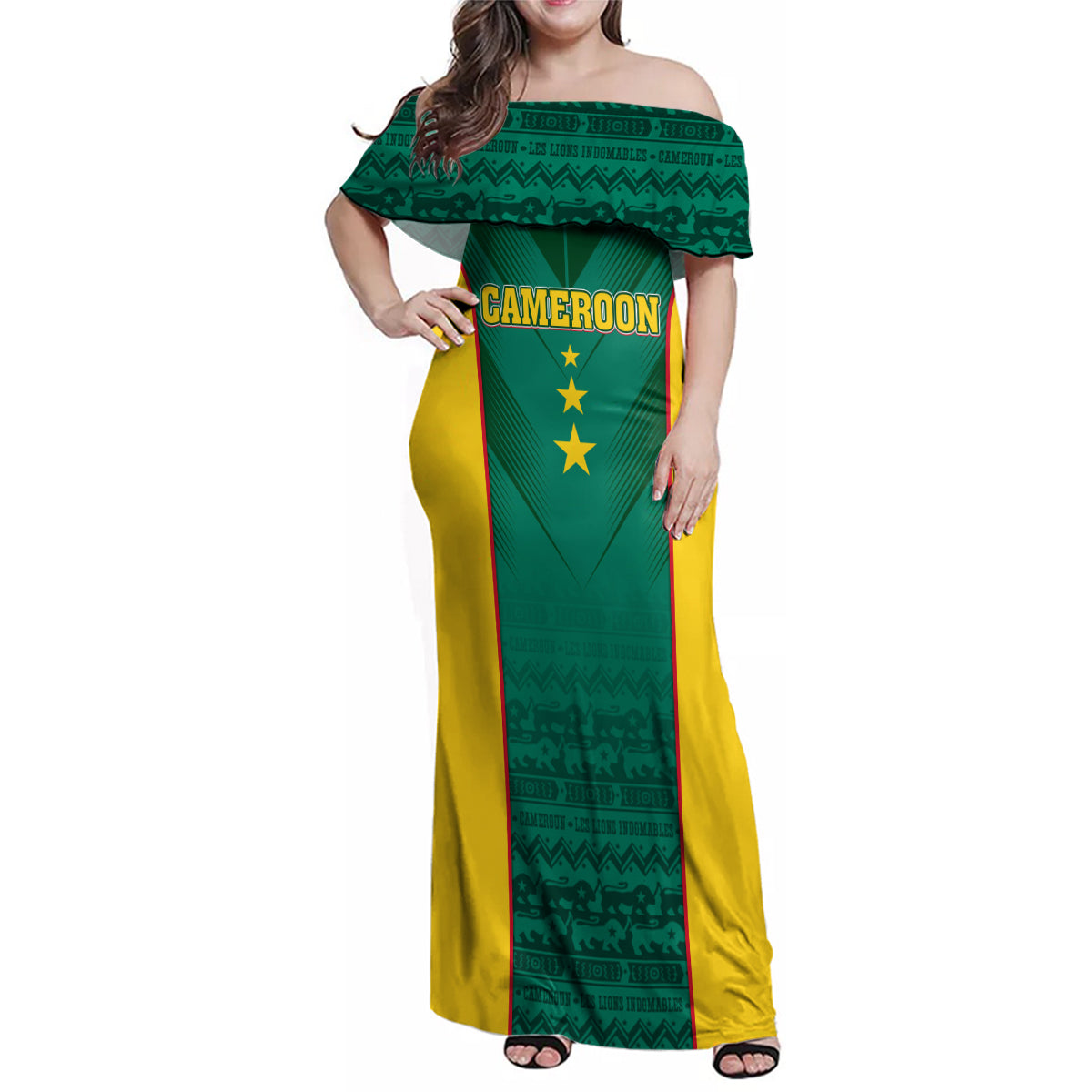 Custom Cameroon Football Family Matching Off Shoulder Maxi Dress and Hawaiian Shirt Nations Cup 2024 Les Lions Indomptables LT7 - Wonder Print Shop