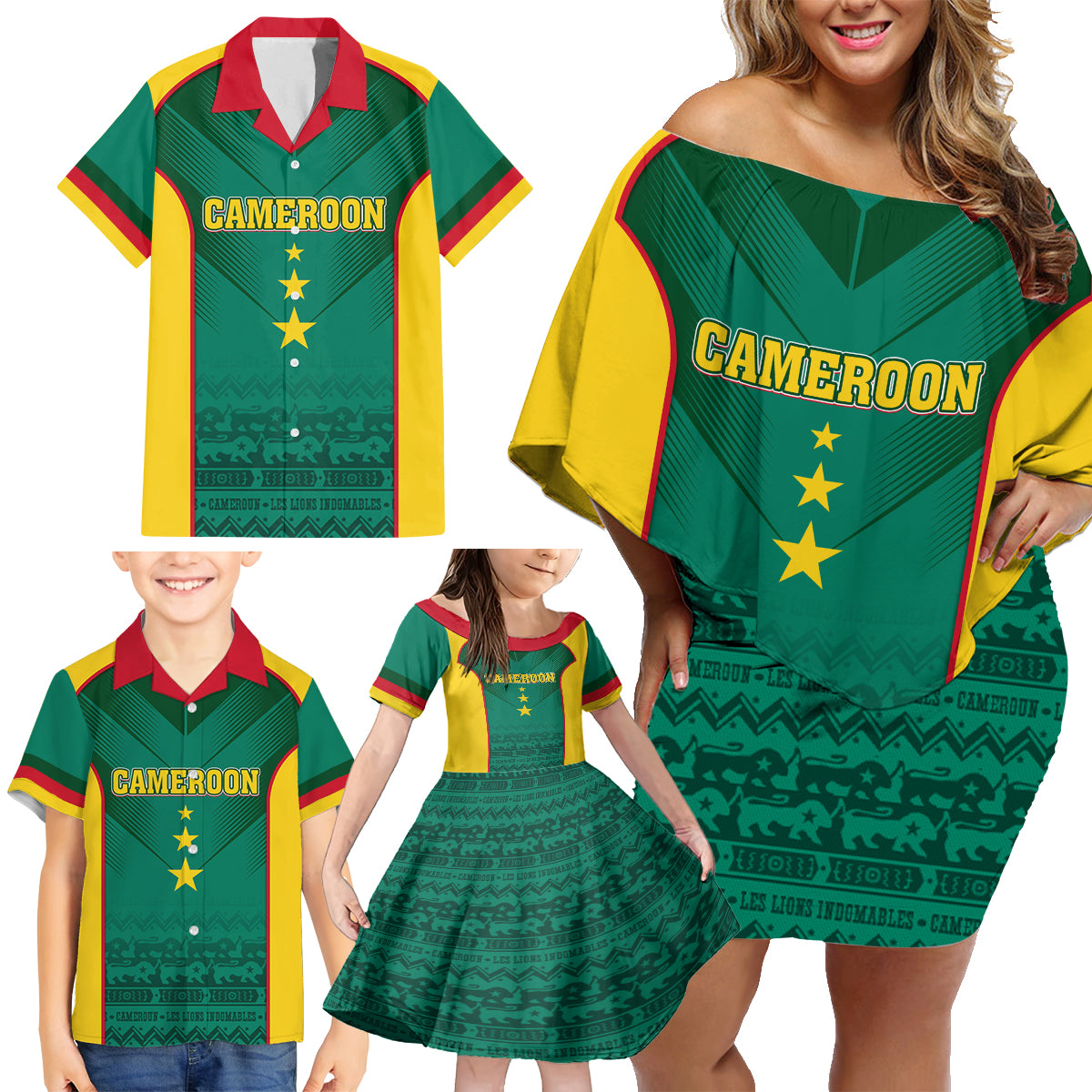 Custom Cameroon Football Family Matching Off Shoulder Short Dress and Hawaiian Shirt Nations Cup 2024 Les Lions Indomptables