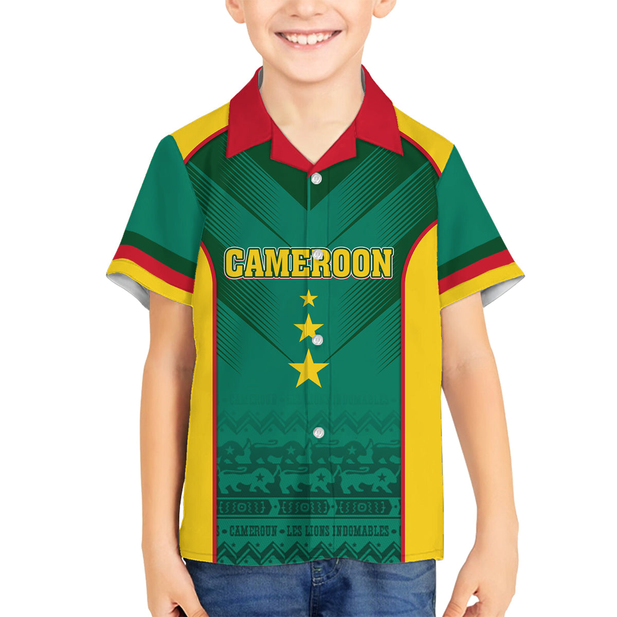 Custom Cameroon Football Family Matching Off Shoulder Short Dress and Hawaiian Shirt Nations Cup 2024 Les Lions Indomptables LT7 - Wonder Print Shop