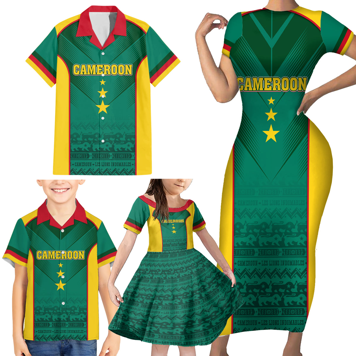 Custom Cameroon Football Family Matching Short Sleeve Bodycon Dress and Hawaiian Shirt Nations Cup 2024 Les Lions Indomptables - Wonder Print Shop