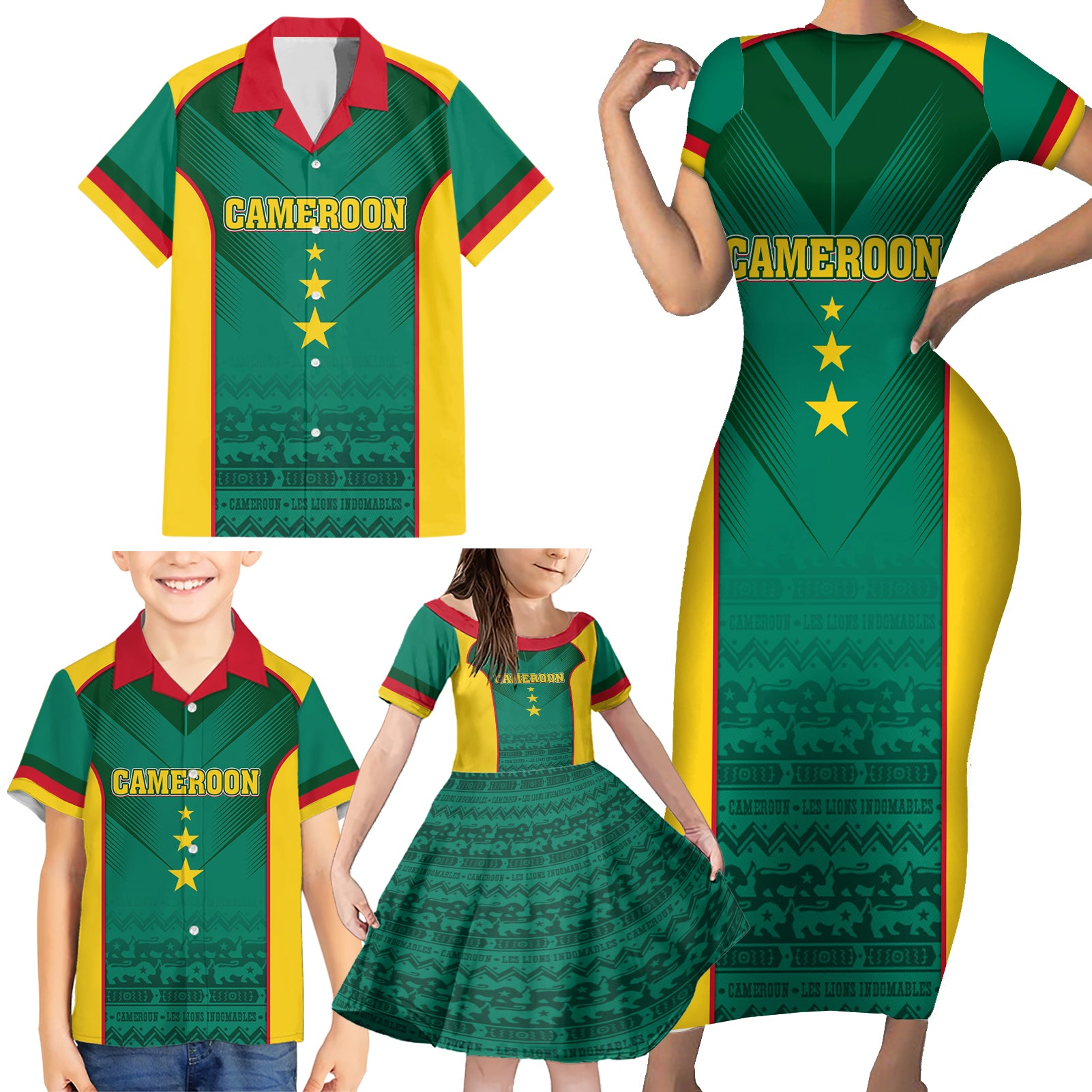 Custom Cameroon Football Family Matching Short Sleeve Bodycon Dress and Hawaiian Shirt Nations Cup 2024 Les Lions Indomptables