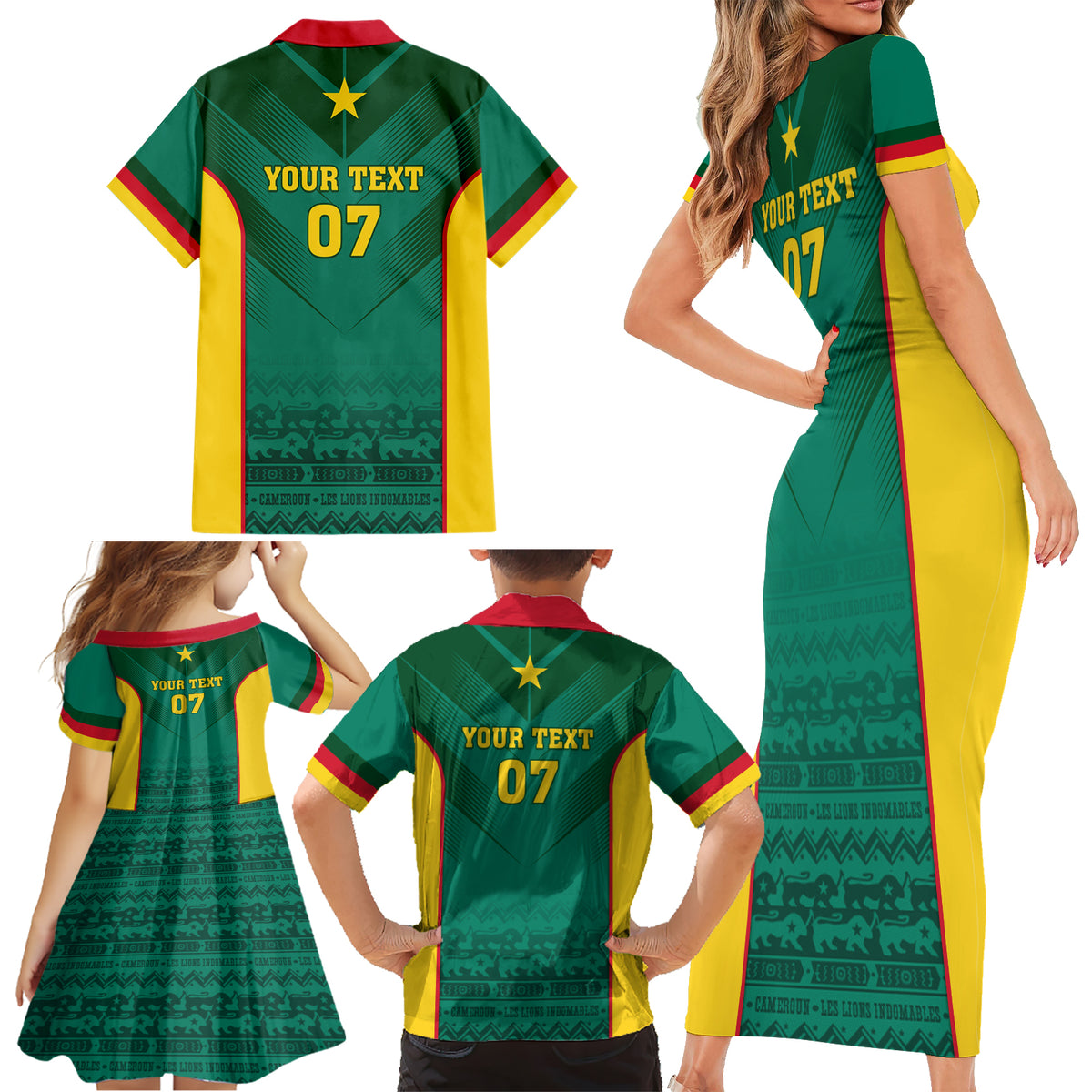 Custom Cameroon Football Family Matching Short Sleeve Bodycon Dress and Hawaiian Shirt Nations Cup 2024 Les Lions Indomptables - Wonder Print Shop