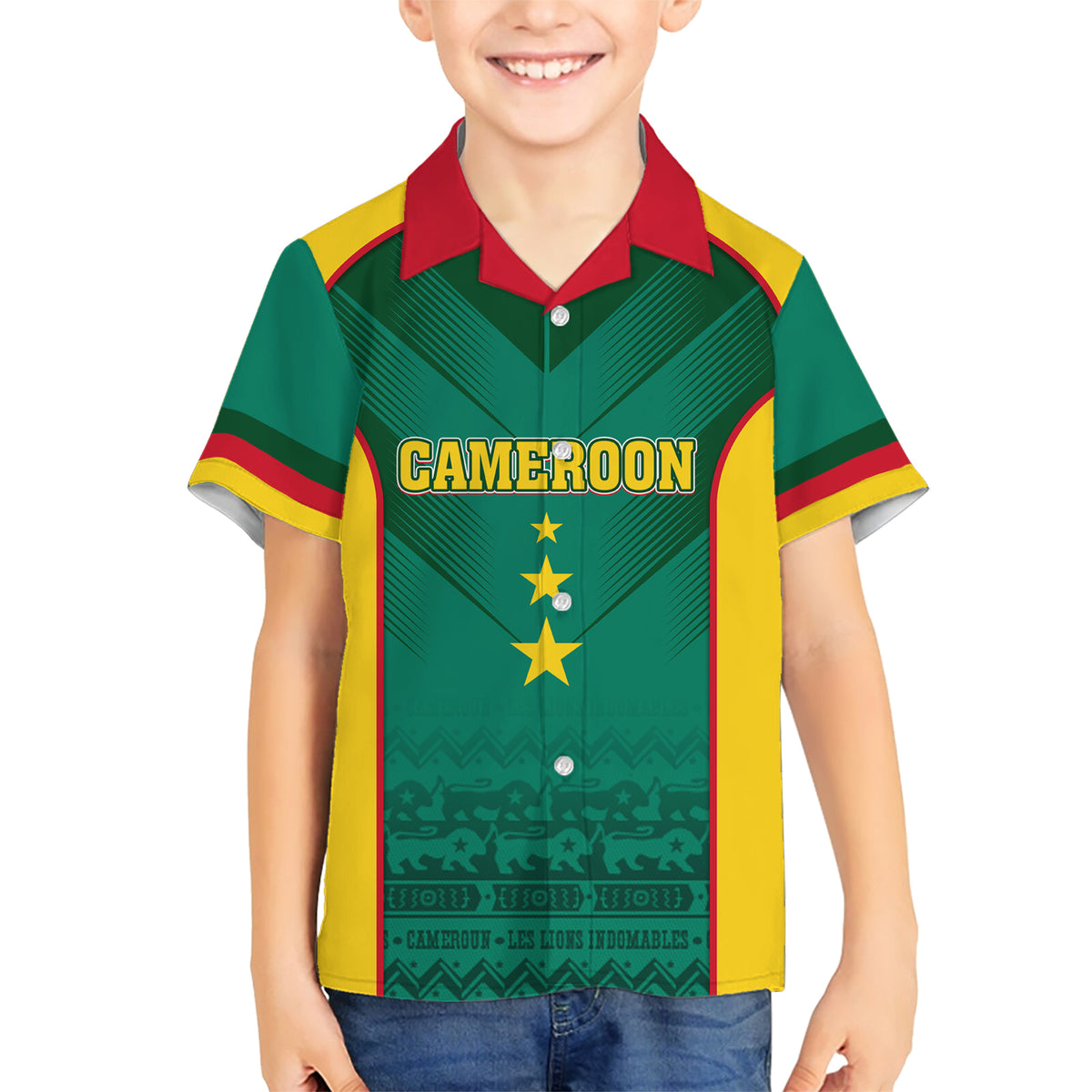 Custom Cameroon Football Family Matching Short Sleeve Bodycon Dress and Hawaiian Shirt Nations Cup 2024 Les Lions Indomptables - Wonder Print Shop