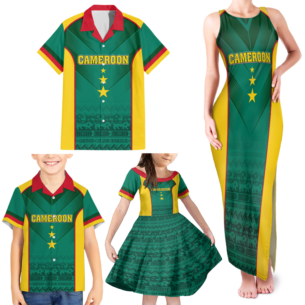 Custom Cameroon Football Family Matching Tank Maxi Dress and Hawaiian Shirt Nations Cup 2024 Les Lions Indomptables - Wonder Print Shop