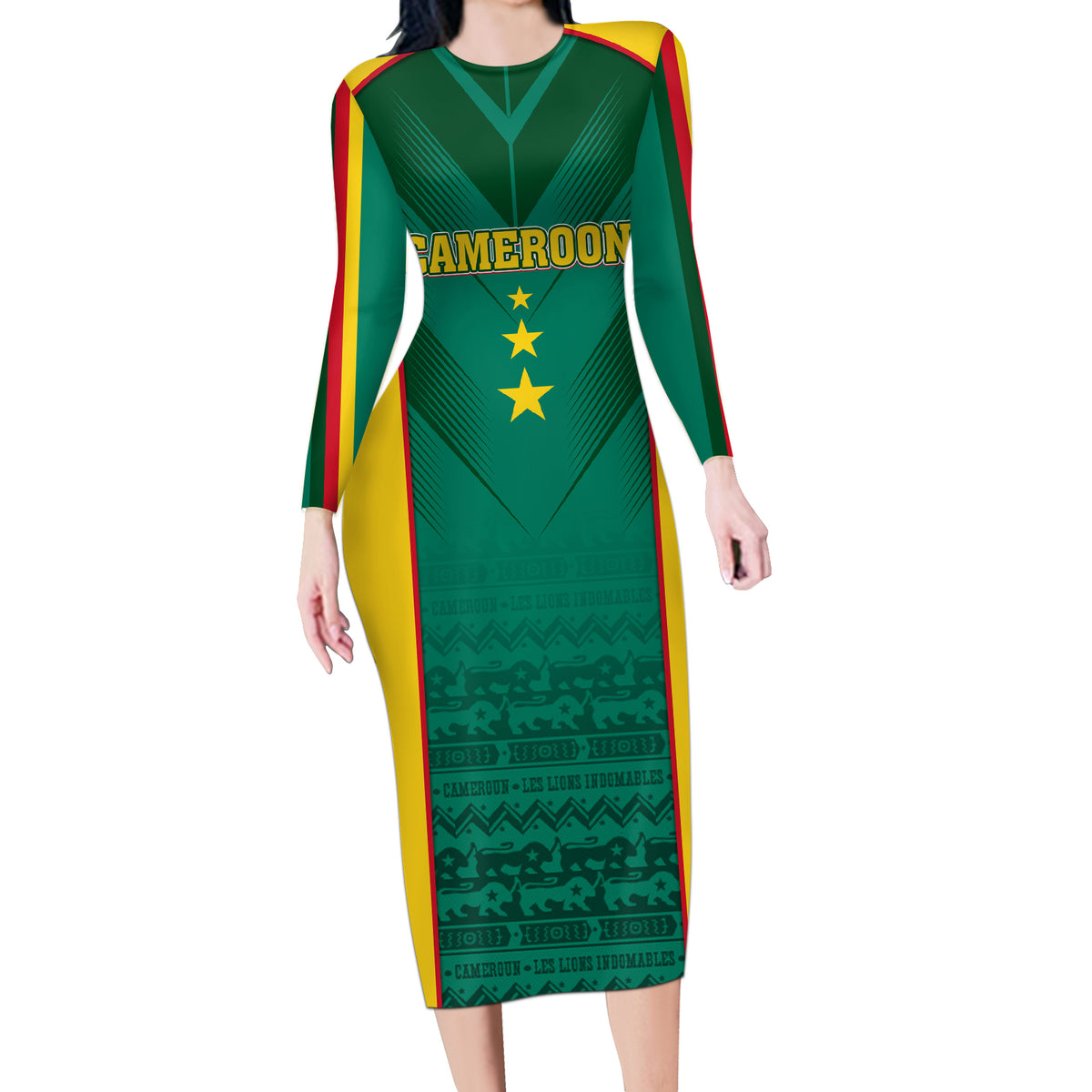 Custom Cameroon Football Long Sleeve Bodycon Dress Nations Cup 2024 Les Lions Indomptables - Wonder Print Shop