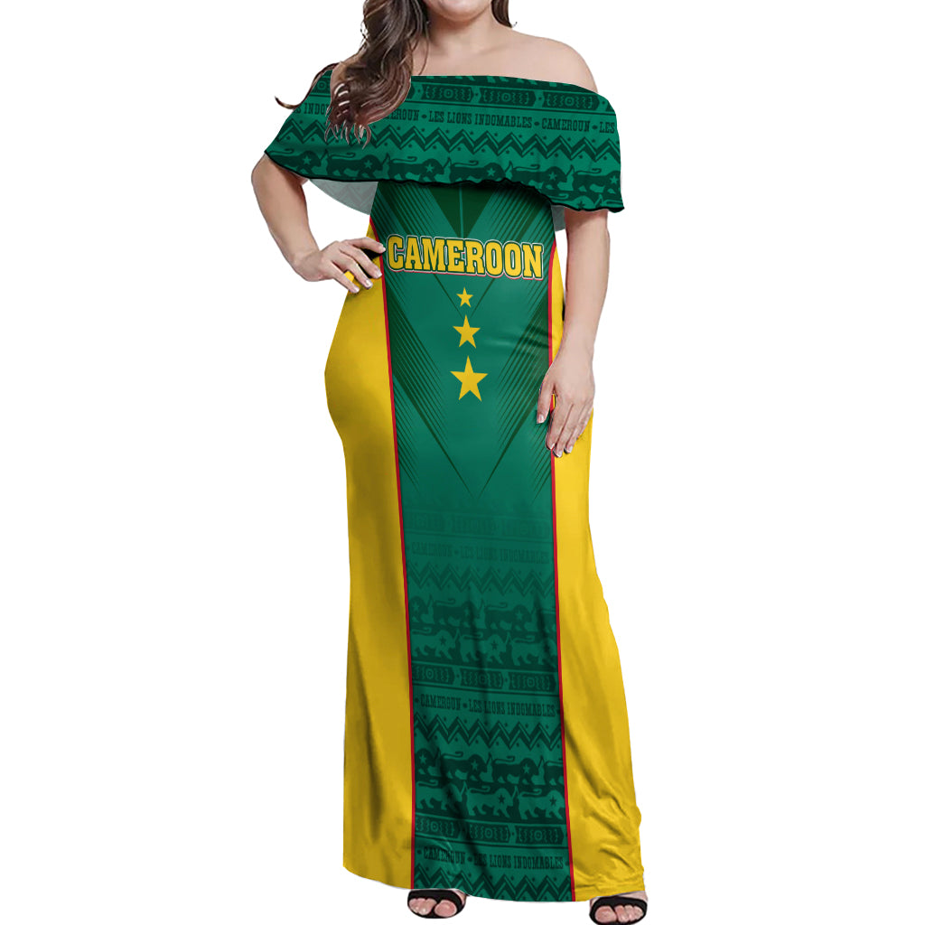 Custom Cameroon Football Off Shoulder Maxi Dress Nations Cup 2024 Les Lions Indomptables - Wonder Print Shop
