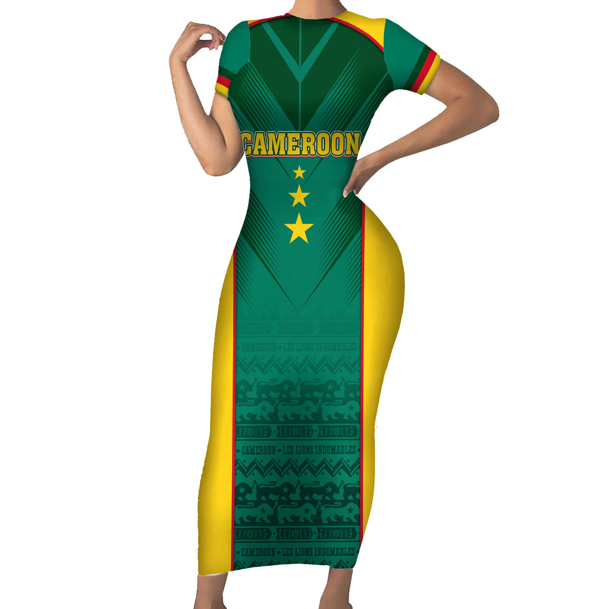 Custom Cameroon Football Short Sleeve Bodycon Dress Nations Cup 2024 Les Lions Indomptables - Wonder Print Shop