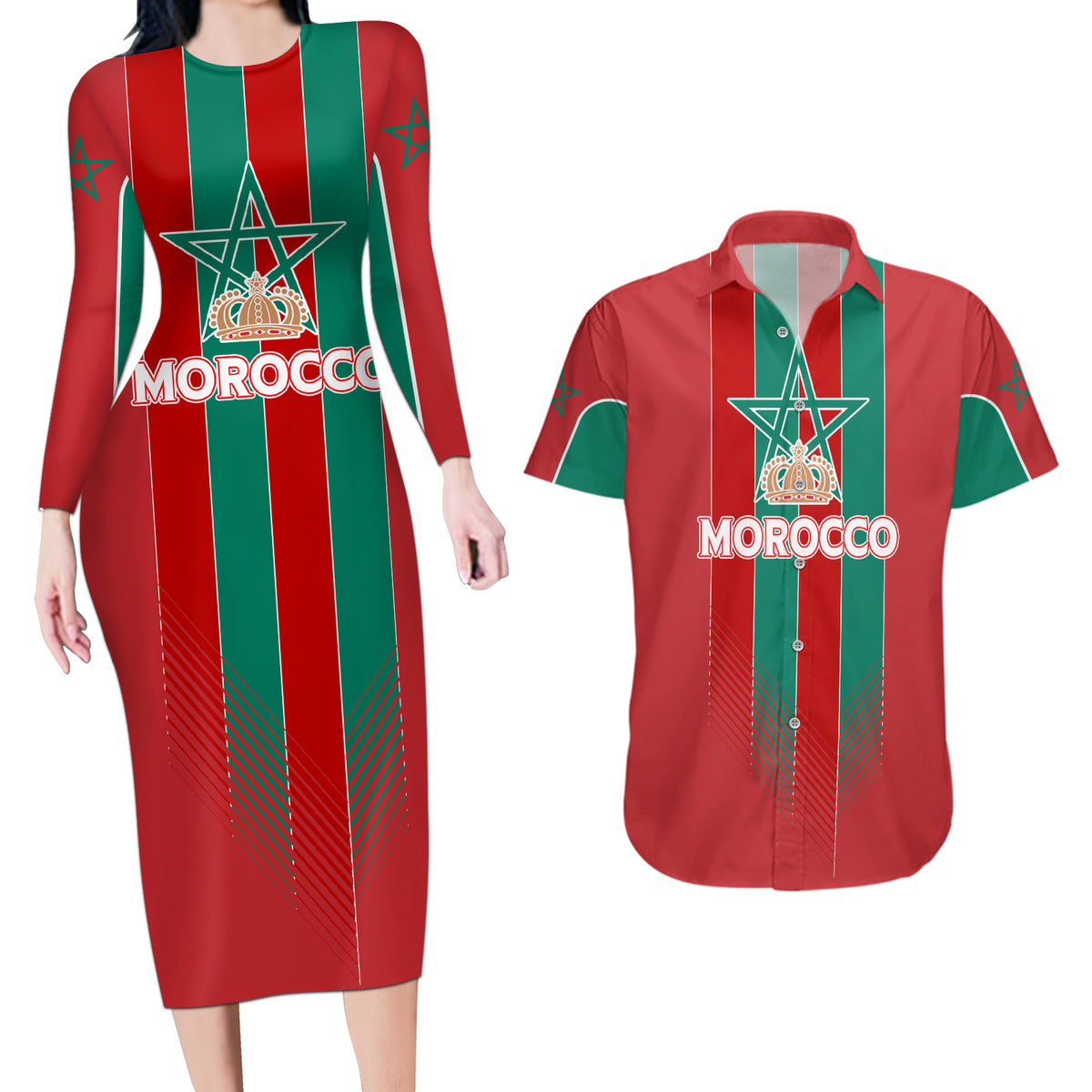 Custom Morocco Football Couples Matching Long Sleeve Bodycon Dress and Hawaiian Shirt Nations Cup 2024 Atlas Lions LT7 - Wonder Print Shop