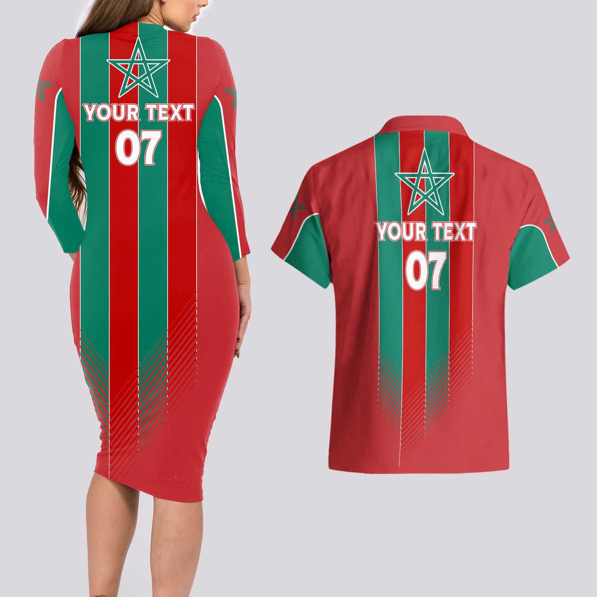 Custom Morocco Football Couples Matching Long Sleeve Bodycon Dress and Hawaiian Shirt Nations Cup 2024 Atlas Lions LT7 - Wonder Print Shop