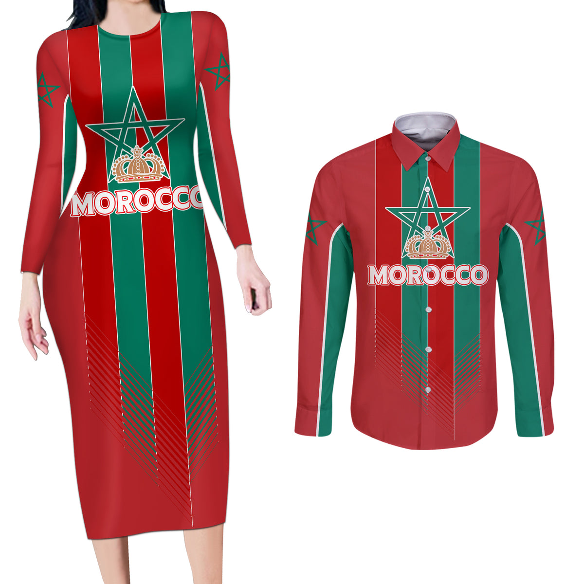 Custom Morocco Football Couples Matching Long Sleeve Bodycon Dress and Long Sleeve Button Shirt Nations Cup 2024 Atlas Lions LT7 - Wonder Print Shop