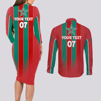 Custom Morocco Football Couples Matching Long Sleeve Bodycon Dress and Long Sleeve Button Shirt Nations Cup 2024 Atlas Lions LT7 - Wonder Print Shop