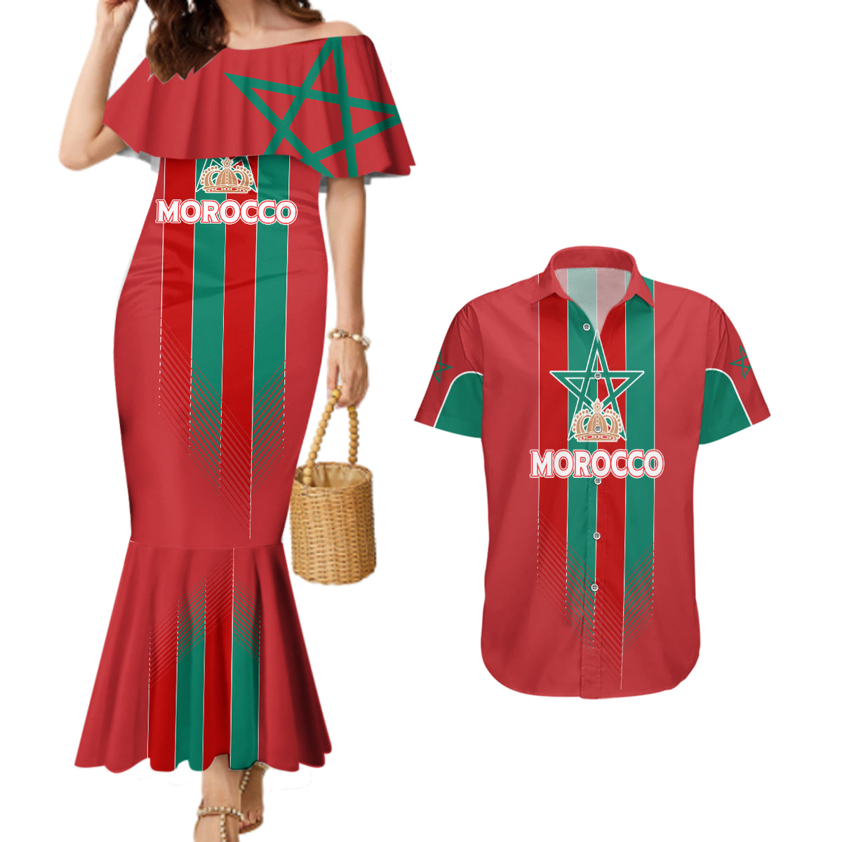 Custom Morocco Football Couples Matching Mermaid Dress and Hawaiian Shirt Nations Cup 2024 Atlas Lions LT7 - Wonder Print Shop