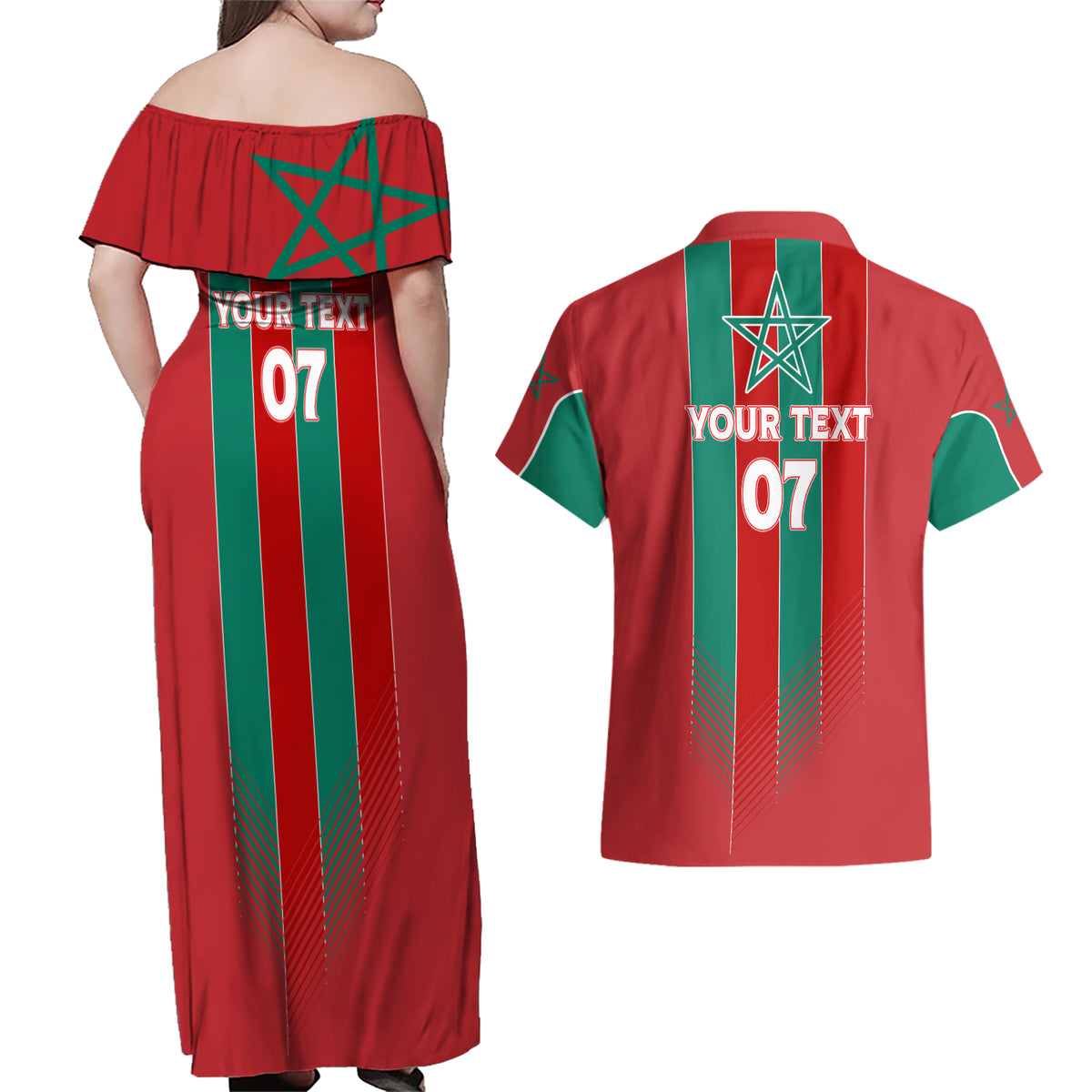 Custom Morocco Football Couples Matching Off Shoulder Maxi Dress and Hawaiian Shirt Nations Cup 2024 Atlas Lions LT7 - Wonder Print Shop