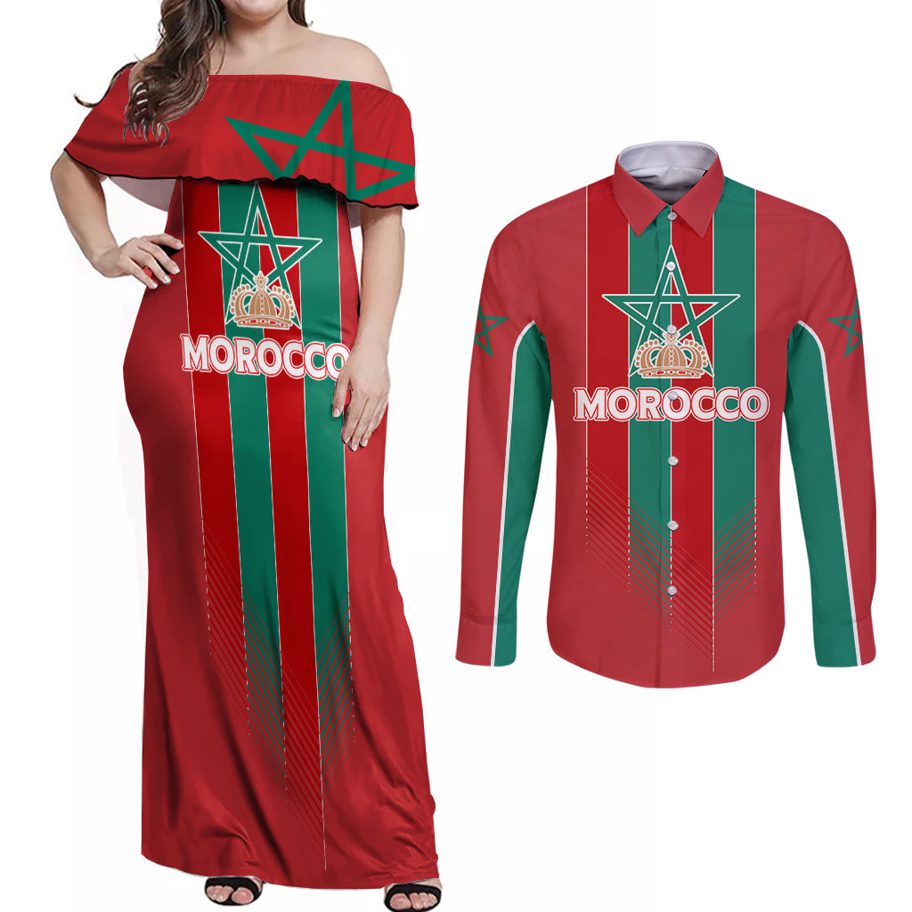 Custom Morocco Football Couples Matching Off Shoulder Maxi Dress and Long Sleeve Button Shirt Nations Cup 2024 Atlas Lions LT7 - Wonder Print Shop