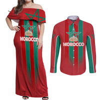 Custom Morocco Football Couples Matching Off Shoulder Maxi Dress and Long Sleeve Button Shirt Nations Cup 2024 Atlas Lions LT7 - Wonder Print Shop