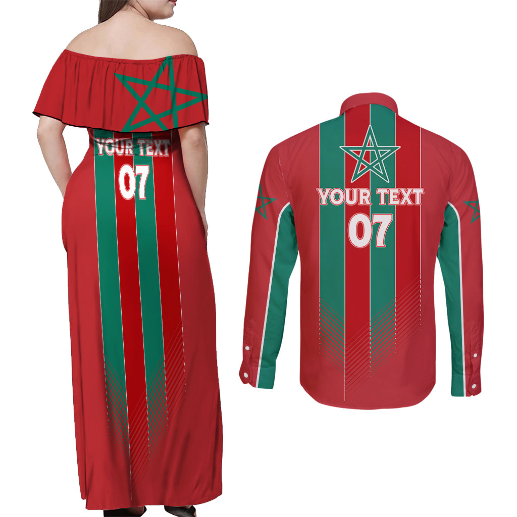 Custom Morocco Football Couples Matching Off Shoulder Maxi Dress and Long Sleeve Button Shirt Nations Cup 2024 Atlas Lions LT7 - Wonder Print Shop