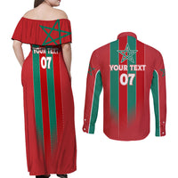 Custom Morocco Football Couples Matching Off Shoulder Maxi Dress and Long Sleeve Button Shirt Nations Cup 2024 Atlas Lions LT7 - Wonder Print Shop