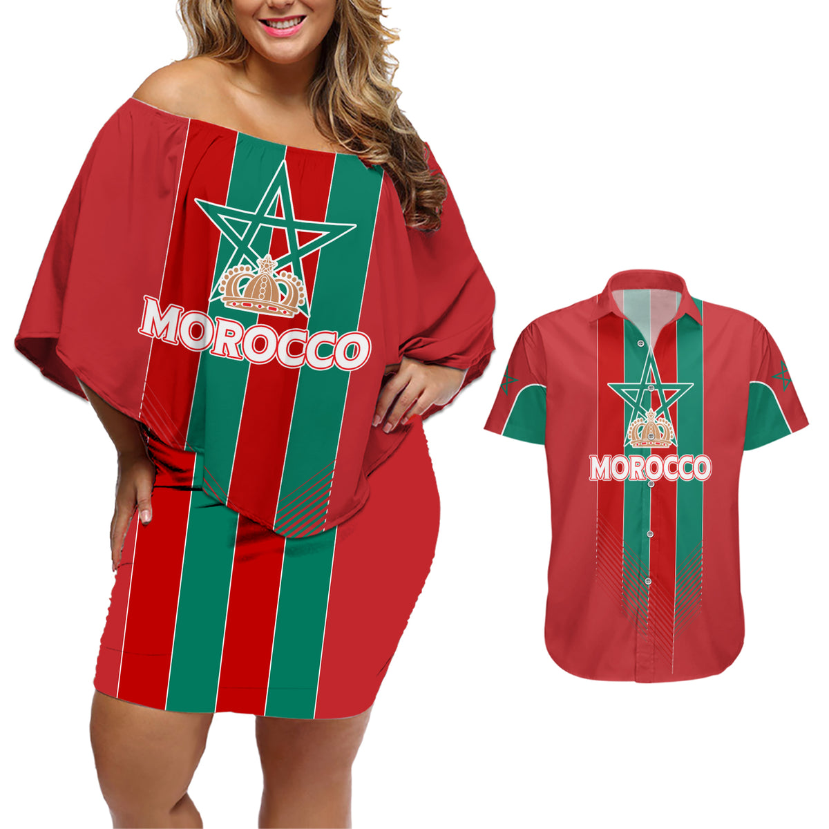 Custom Morocco Football Couples Matching Off Shoulder Short Dress and Hawaiian Shirt Nations Cup 2024 Atlas Lions LT7 - Wonder Print Shop