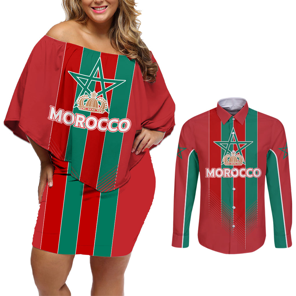 Custom Morocco Football Couples Matching Off Shoulder Short Dress and Long Sleeve Button Shirt Nations Cup 2024 Atlas Lions LT7 - Wonder Print Shop