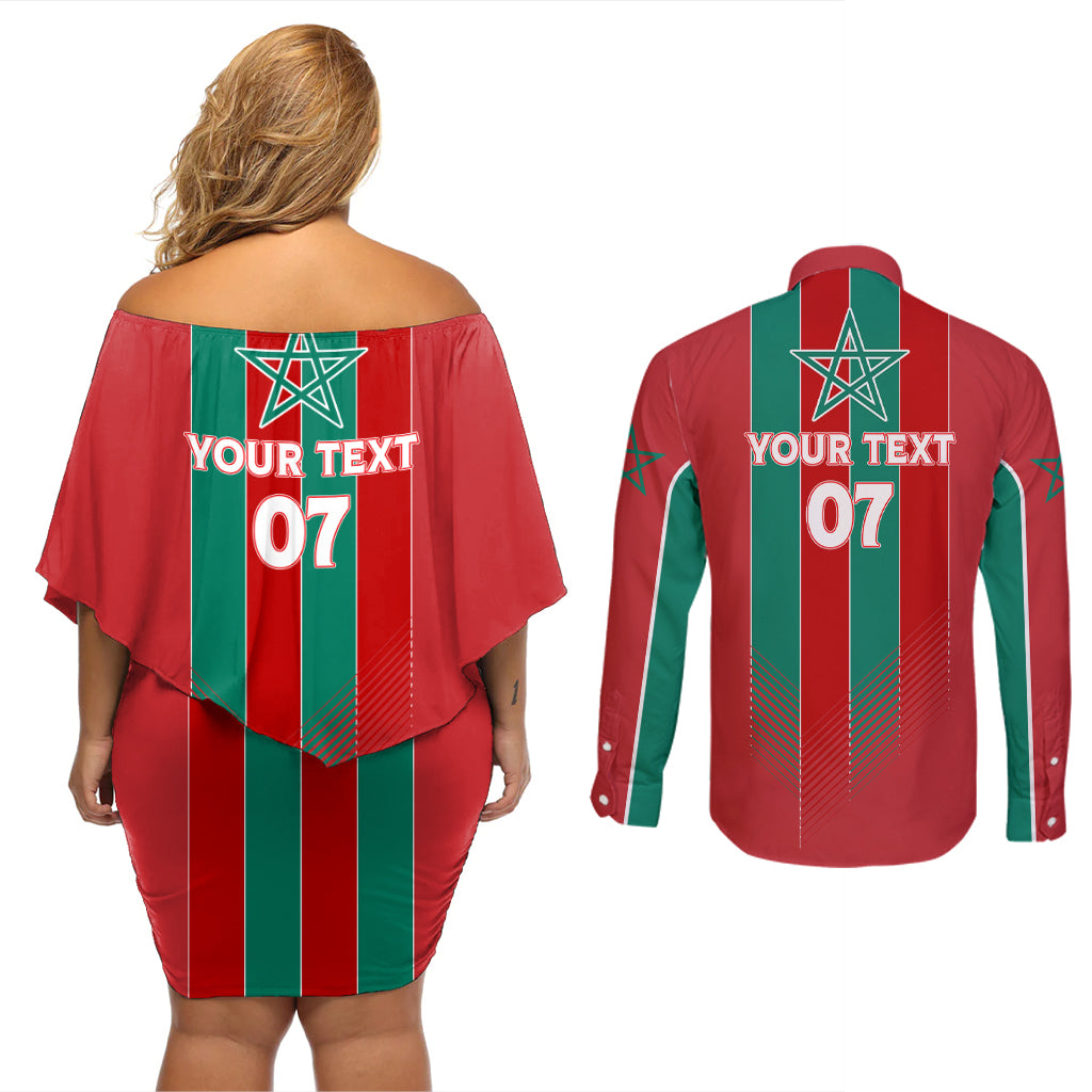 Custom Morocco Football Couples Matching Off Shoulder Short Dress and Long Sleeve Button Shirt Nations Cup 2024 Atlas Lions LT7 - Wonder Print Shop