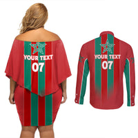 Custom Morocco Football Couples Matching Off Shoulder Short Dress and Long Sleeve Button Shirt Nations Cup 2024 Atlas Lions LT7 - Wonder Print Shop