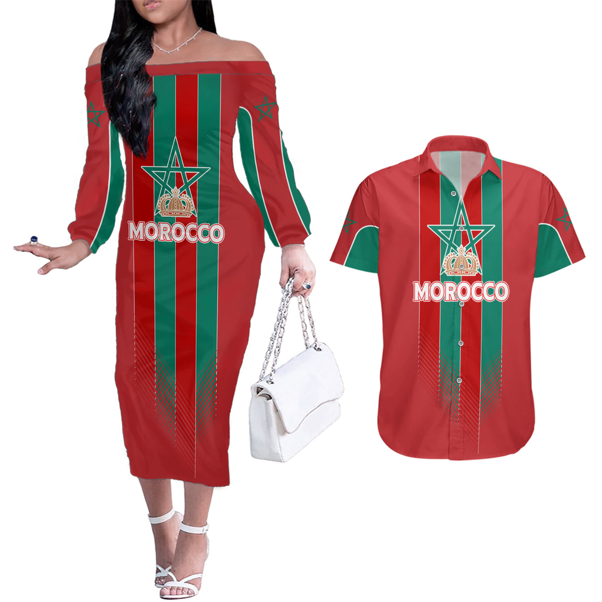 Custom Morocco Football Couples Matching Off The Shoulder Long Sleeve Dress and Hawaiian Shirt Nations Cup 2024 Atlas Lions LT7 - Wonder Print Shop