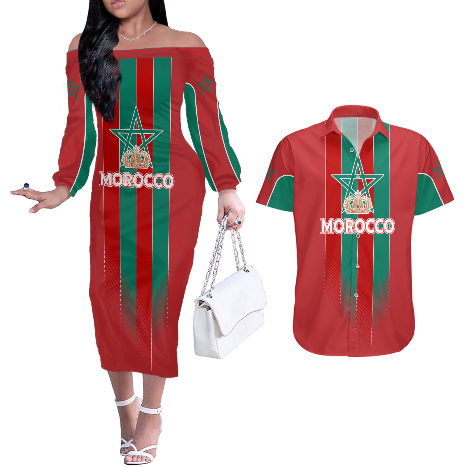 Custom Morocco Football Couples Matching Off The Shoulder Long Sleeve Dress and Hawaiian Shirt Nations Cup 2024 Atlas Lions LT7 - Wonder Print Shop