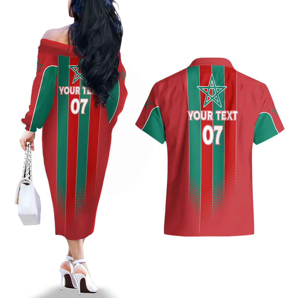 Custom Morocco Football Couples Matching Off The Shoulder Long Sleeve Dress and Hawaiian Shirt Nations Cup 2024 Atlas Lions LT7 - Wonder Print Shop