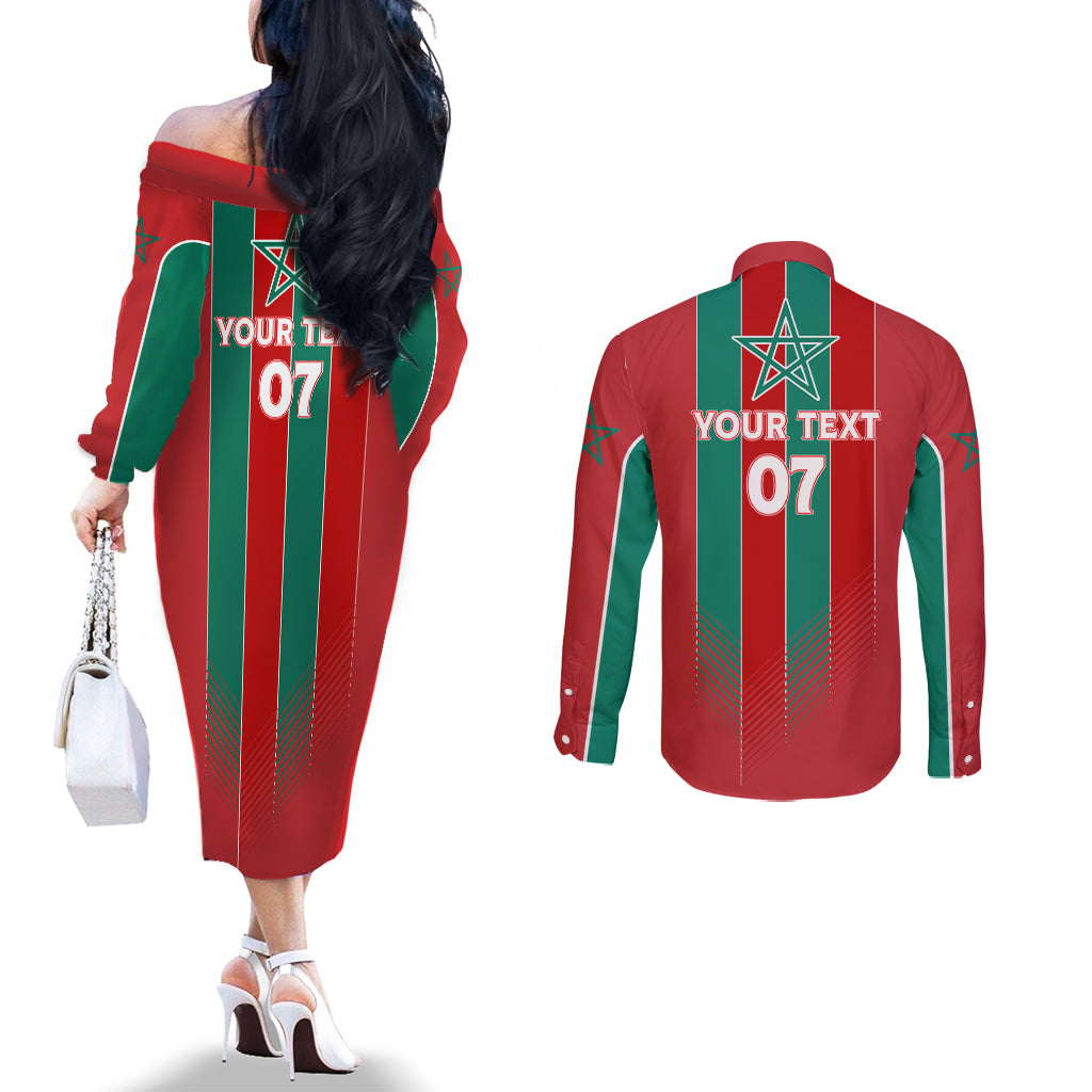 Custom Morocco Football Couples Matching Off The Shoulder Long Sleeve Dress and Long Sleeve Button Shirt Nations Cup 2024 Atlas Lions