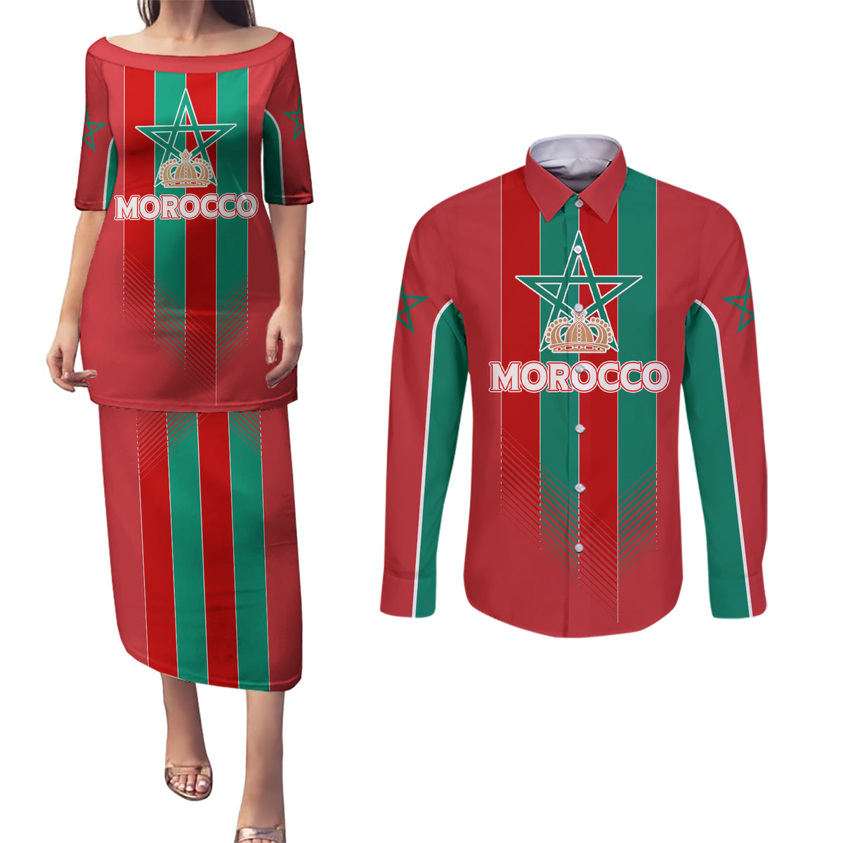 Custom Morocco Football Couples Matching Puletasi and Long Sleeve Button Shirt Nations Cup 2024 Atlas Lions LT7 - Wonder Print Shop