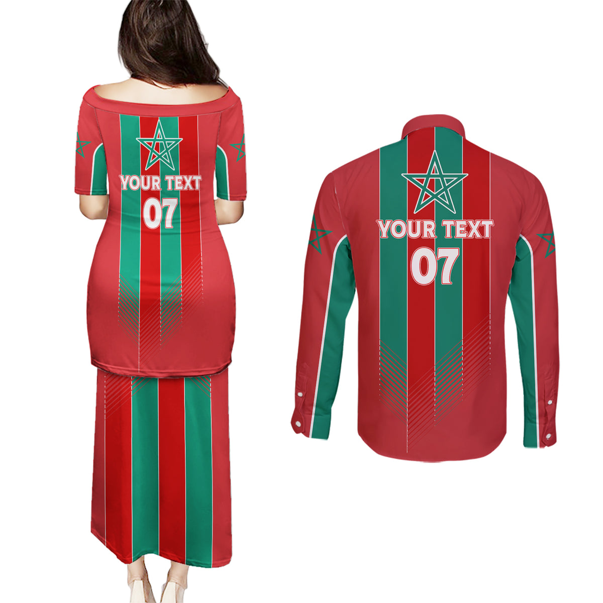 Custom Morocco Football Couples Matching Puletasi and Long Sleeve Button Shirt Nations Cup 2024 Atlas Lions LT7 - Wonder Print Shop