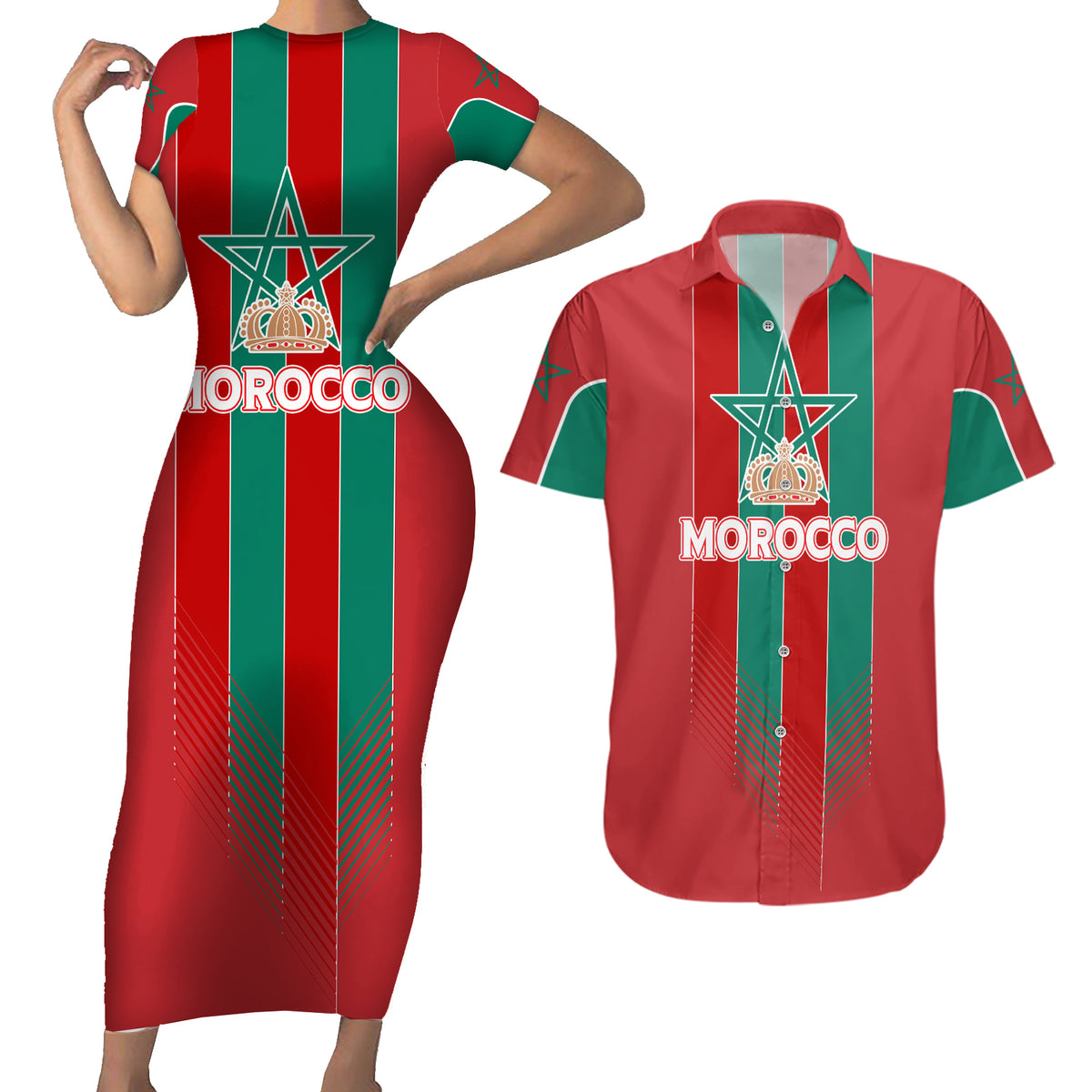 Custom Morocco Football Couples Matching Short Sleeve Bodycon Dress and Hawaiian Shirt Nations Cup 2024 Atlas Lions LT7 - Wonder Print Shop