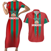 Custom Morocco Football Couples Matching Short Sleeve Bodycon Dress and Hawaiian Shirt Nations Cup 2024 Atlas Lions LT7 - Wonder Print Shop