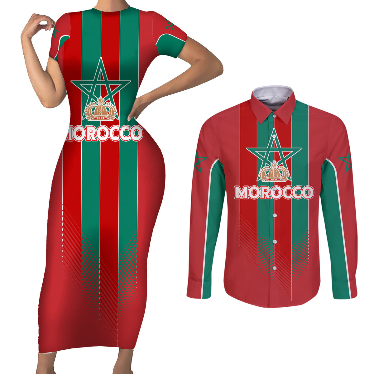 Custom Morocco Football Couples Matching Short Sleeve Bodycon Dress and Long Sleeve Button Shirt Nations Cup 2024 Atlas Lions LT7 - Wonder Print Shop