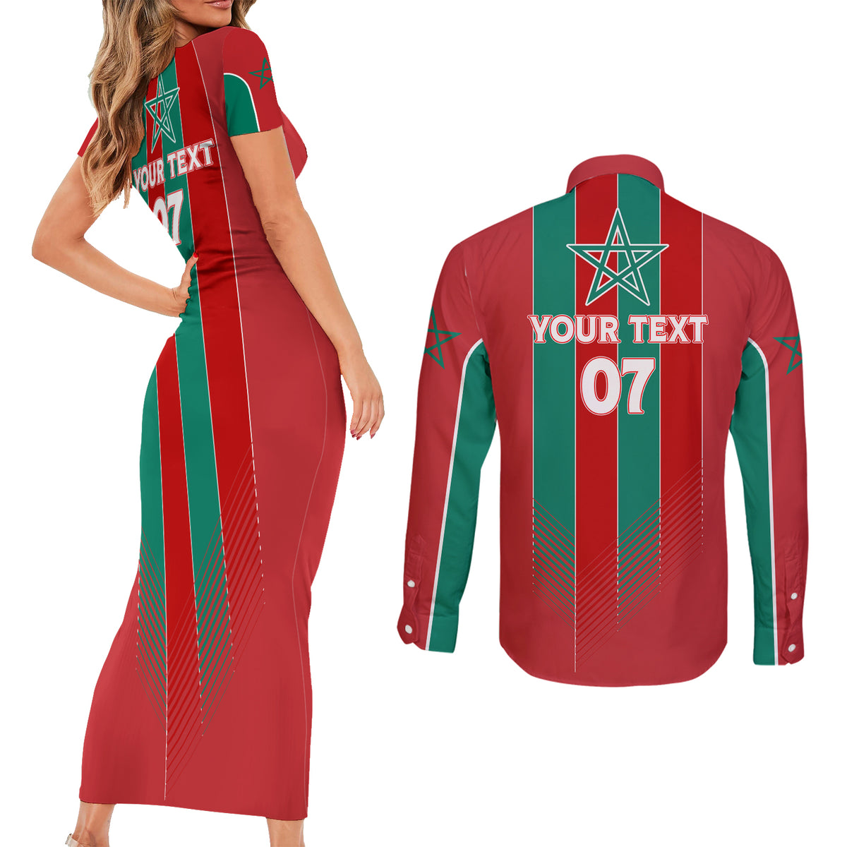 Custom Morocco Football Couples Matching Short Sleeve Bodycon Dress and Long Sleeve Button Shirt Nations Cup 2024 Atlas Lions LT7 - Wonder Print Shop