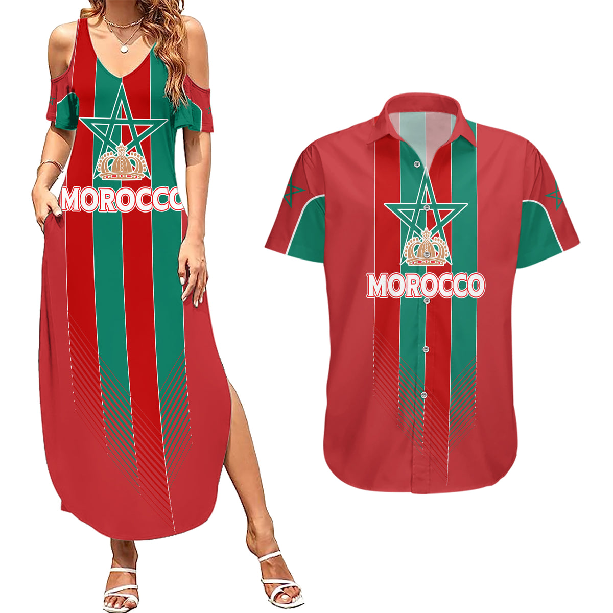Custom Morocco Football Couples Matching Summer Maxi Dress and Hawaiian Shirt Nations Cup 2024 Atlas Lions LT7 - Wonder Print Shop