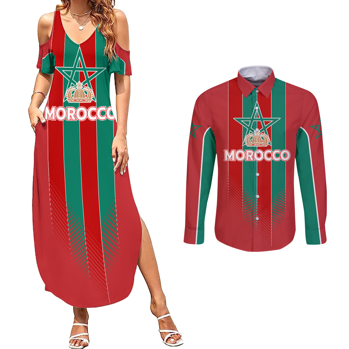 Custom Morocco Football Couples Matching Summer Maxi Dress and Long Sleeve Button Shirt Nations Cup 2024 Atlas Lions LT7 - Wonder Print Shop