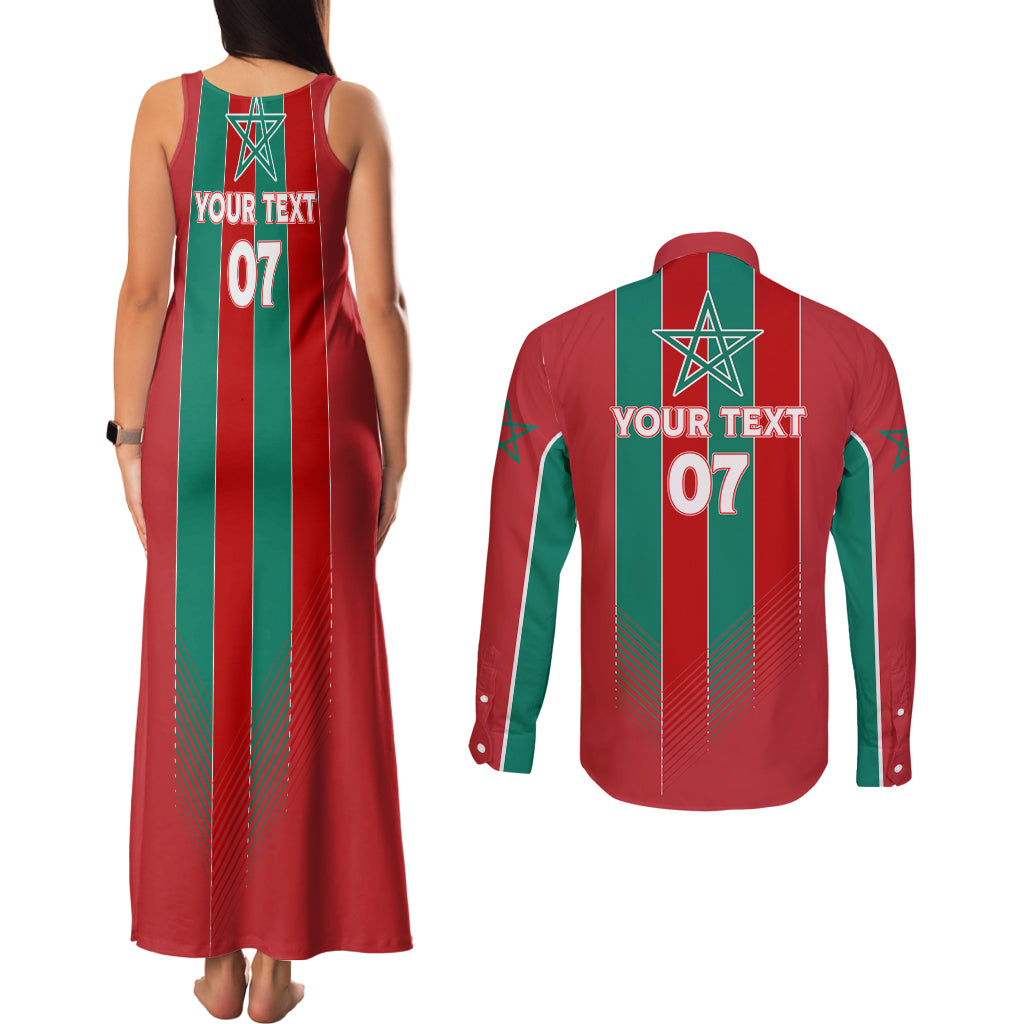 Custom Morocco Football Couples Matching Tank Maxi Dress and Long Sleeve Button Shirt Nations Cup 2024 Atlas Lions LT7 - Wonder Print Shop