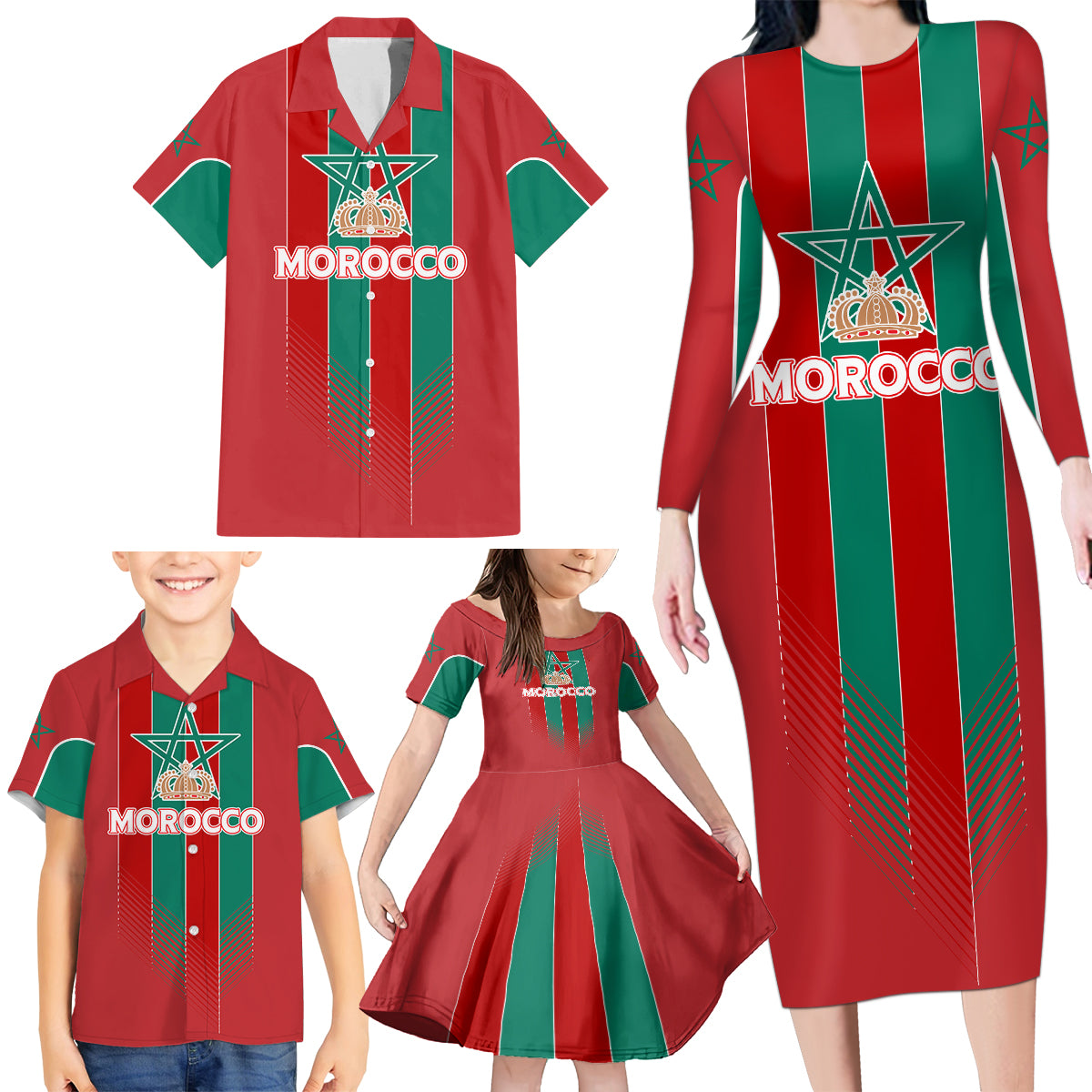 Custom Morocco Football Family Matching Long Sleeve Bodycon Dress and Hawaiian Shirt Nations Cup 2024 Atlas Lions LT7 - Wonder Print Shop
