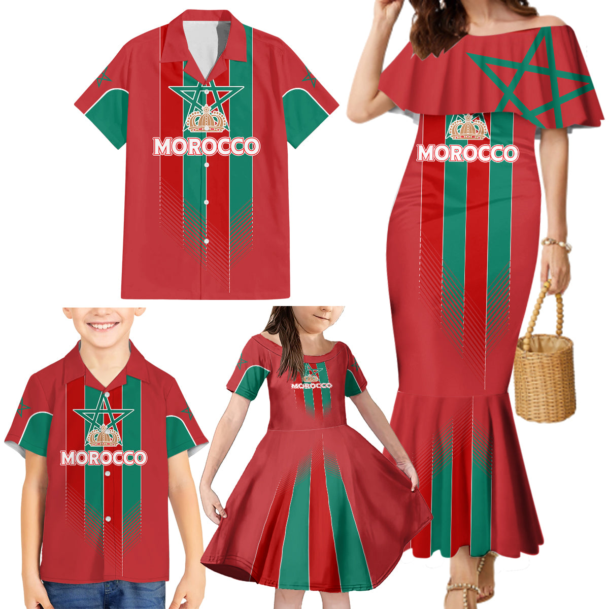 Custom Morocco Football Family Matching Mermaid Dress and Hawaiian Shirt Nations Cup 2024 Atlas Lions LT7 - Wonder Print Shop
