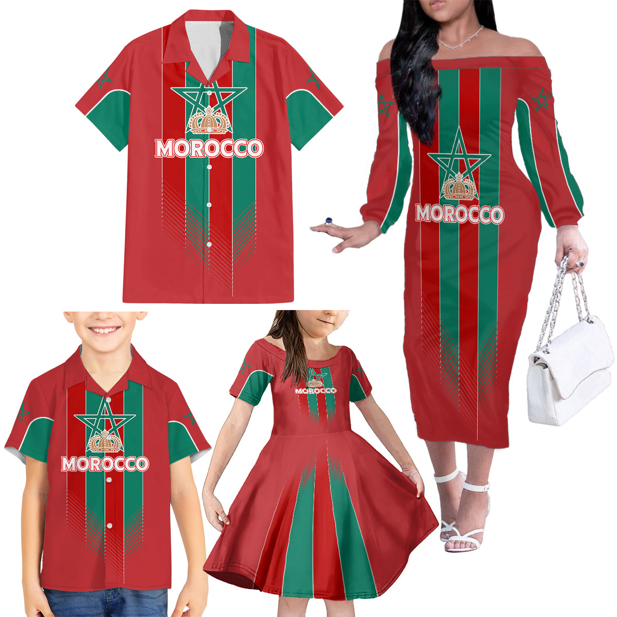 Custom Morocco Football Family Matching Off Shoulder Long Sleeve Dress and Hawaiian Shirt Nations Cup 2024 Atlas Lions - Wonder Print Shop