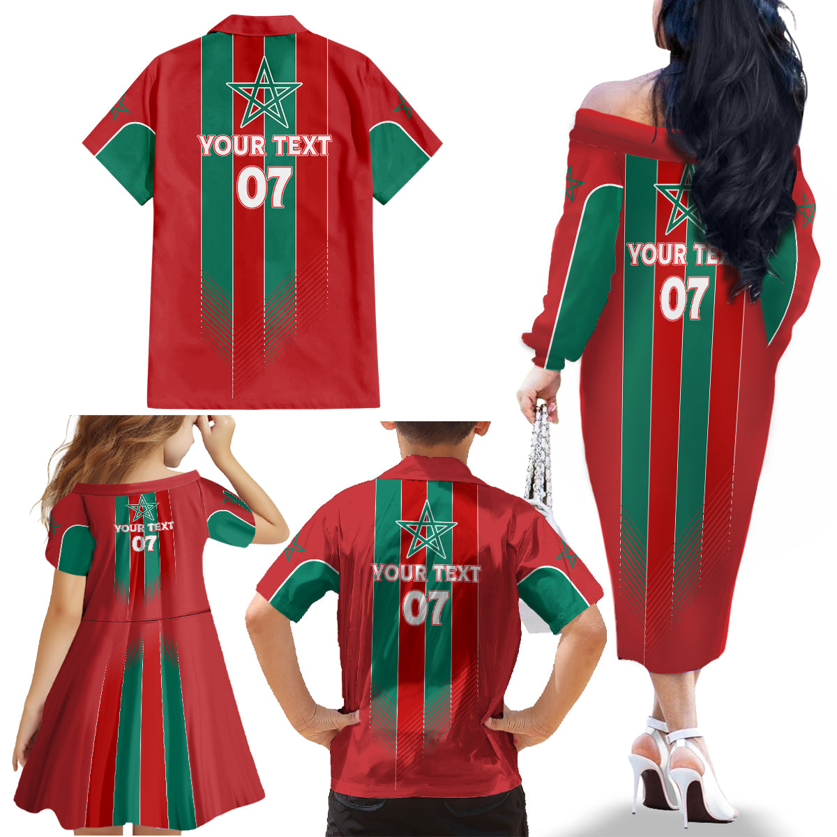 Custom Morocco Football Family Matching Off Shoulder Long Sleeve Dress and Hawaiian Shirt Nations Cup 2024 Atlas Lions - Wonder Print Shop