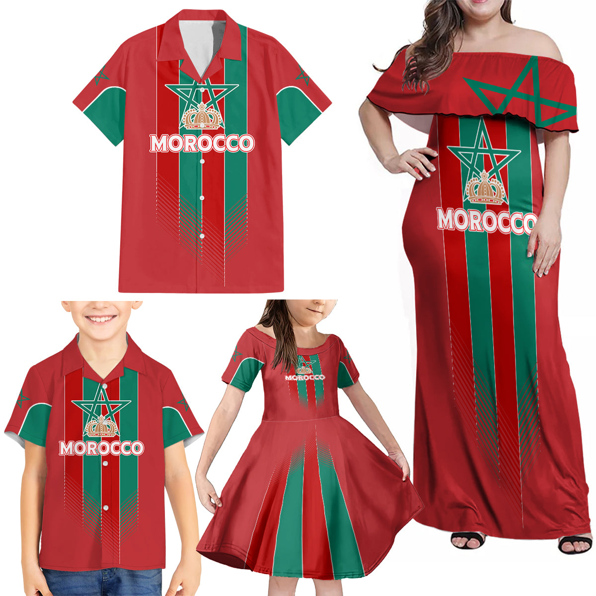 Custom Morocco Football Family Matching Off Shoulder Maxi Dress and Hawaiian Shirt Nations Cup 2024 Atlas Lions LT7 - Wonder Print Shop