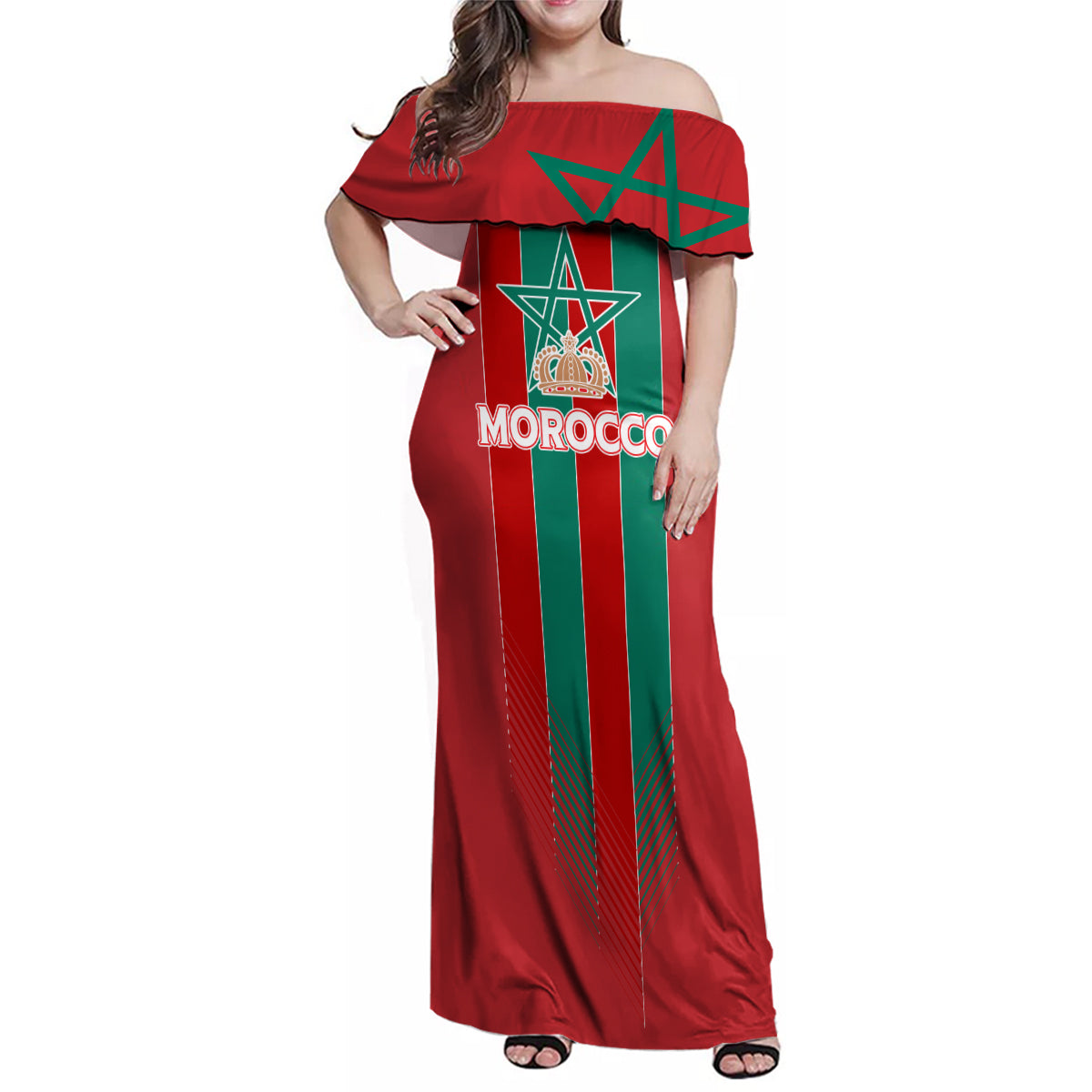 Custom Morocco Football Family Matching Off Shoulder Maxi Dress and Hawaiian Shirt Nations Cup 2024 Atlas Lions LT7 - Wonder Print Shop