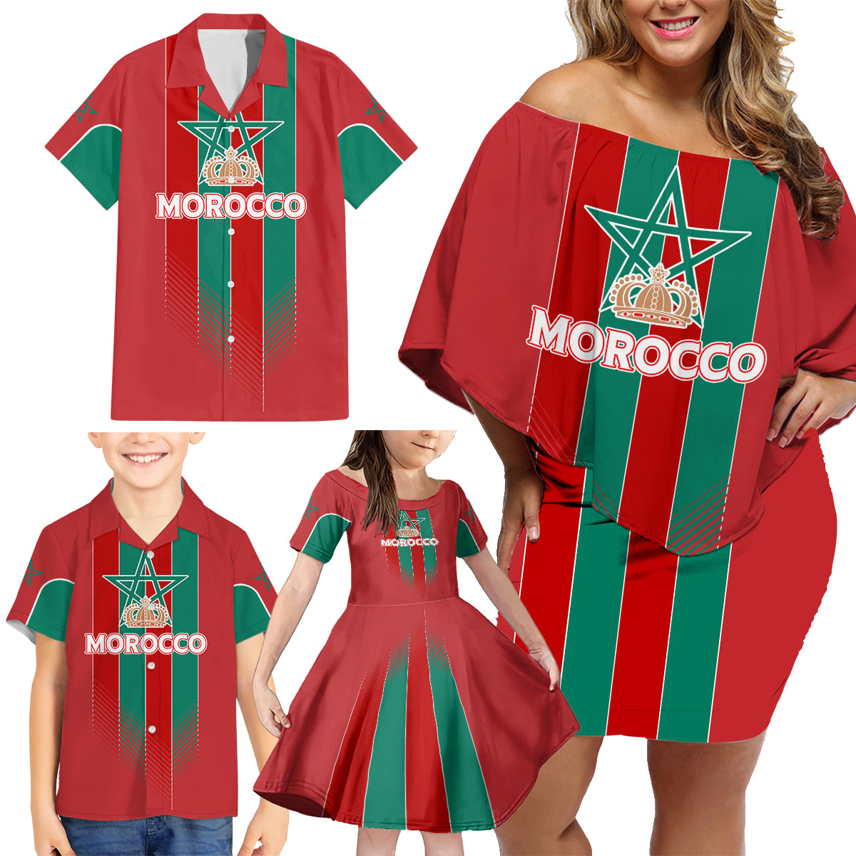 Custom Morocco Football Family Matching Off Shoulder Short Dress and Hawaiian Shirt Nations Cup 2024 Atlas Lions LT7 - Wonder Print Shop