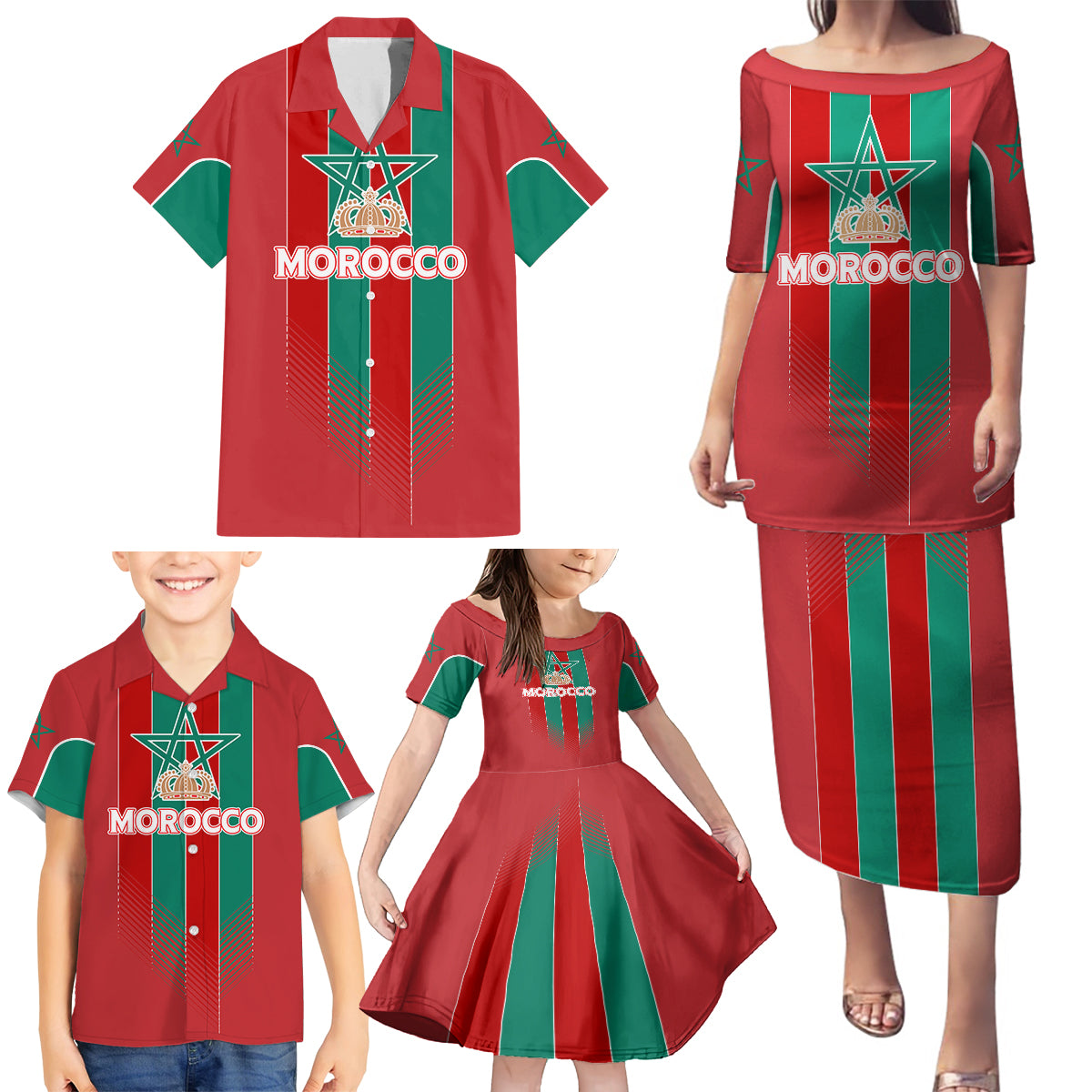 Custom Morocco Football Family Matching Puletasi and Hawaiian Shirt Nations Cup 2024 Atlas Lions - Wonder Print Shop